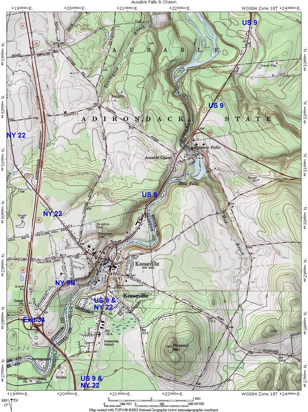 Ausable Falls + Keesville Topographic Map
