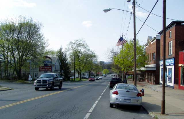 Downtown South Glens Falls on US 9,  looking across the Hudson River to Glens Falls Civic Center