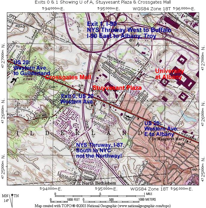 Exits 0 & 1 map, showing University at Albany, Crossgates Mall and Stuyvesant Plaza